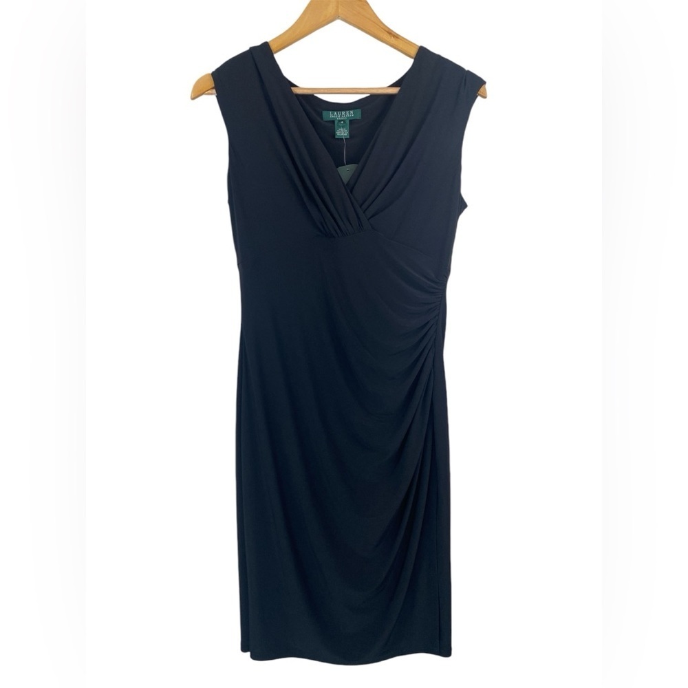 Lauren Ralph Lauren Black Ruched Faux Wrap Stretch Jersey Midi Dress Size 10 NWT